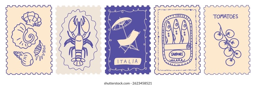 Vector sticker inspired by Sicily and Amalfi Coast with tomatoes, sea animals, and vintage Mediterranean style. Retro travel stamp for posters, wall art, or postcard designs with decorative frame.