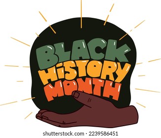 Vector sticker with isolated hand and words Black History Month. African-Americans history