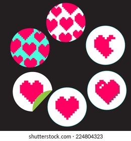 vector sticker label with 8-bit pixel hearts