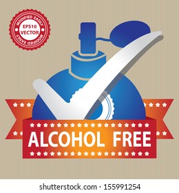 Vector : Sticker, Label or Badge For Product Information or Product Ingredient Present By Blue Glossy Style Alcohol Free Perfume Spray Bottle Sign With Check Mark in Brown Background 