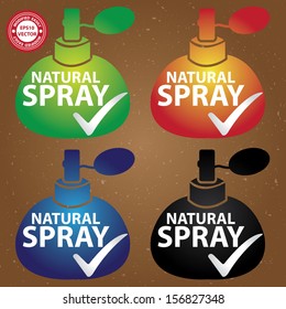 Vector : Sticker, Label or Badge For Product Information or Product Ingredient Present By Colorful Glossy Style Natural Spray Perfume Bottle Sign With Check Mark in Brown Background 