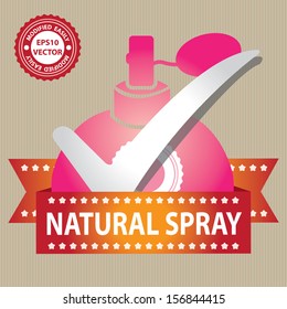 Vector : Sticker, Label or Badge For Product Information or Product Ingredient Present By Pink Glossy Style Natural Spray Perfume Bottle Sign With Check Mark in Brown Background 