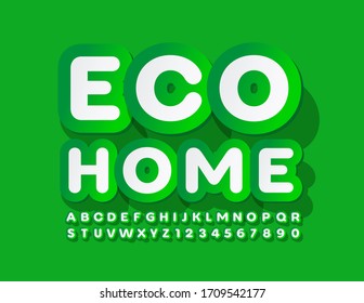 Vector sticker label Eco Home with Green and White Font. Creative Alphabet Letters and Numbers