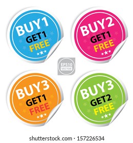 Vector : Sticker or Label For Marketing Campaign, Buy 1 Get 1 Free, Buy 2 Get 1 Free, Buy 3 Get 1 Free and Buy 3 Get 2 Free With Colorful Icon 