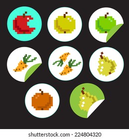 vector sticker label natural products with 8-bit pixel fruits