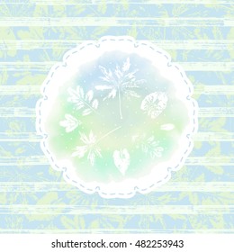 Vector sticker with Leaf imprints on blue green watercolor stain and Leaves Seamless background with grunge brush strips
