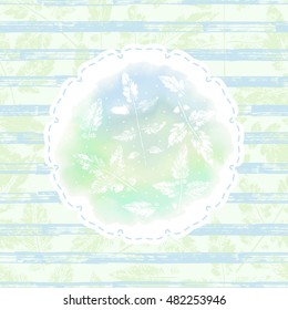Vector sticker with Leaf imprints on blue green watercolor stain and Leaves Seamless background with grunge brush strips