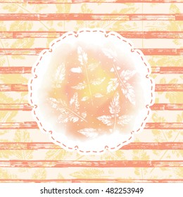 Vector sticker with Leaf imprints on pink yellow watercolor stain and Leaves Seamless background with grunge brush strips