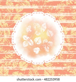 Vector sticker with Leaf imprints on pink yellow watercolor stain and Leaves Seamless background with grunge brush strips