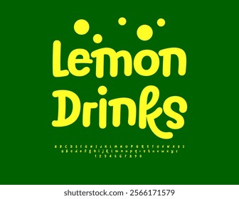 Vector sticker Lemon Drinks for Advertising, Menu, Cafe. Yellow playful Font. Creative Artistic Alphabet Letters and Numbers set