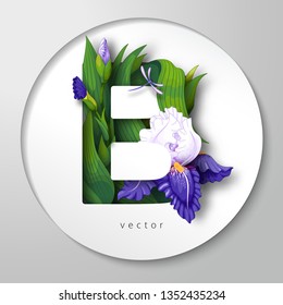 Vector sticker with letter B of flowers and leaves of iris