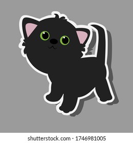 vector sticker little black cute anime cartoon kitten with green eyes on a gray background