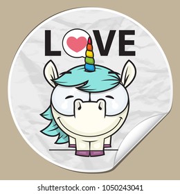 Vector sticker with lovely unicorn character.