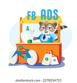 Vector sticker manager raccoon makes sales using Facebook ads. Illustration in cartoon style.