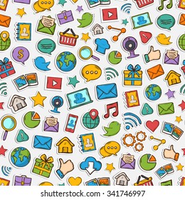 Vector Sticker mobile apps pattern: email magnifying glass shopping search notebook laptop cloud wireless hand music chat gallery speaking bubble with shadow on a white background
