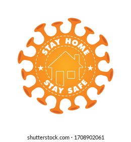 Vector sticker. Orange circle coronavirus symbol of curfew. Text: Stay home stay safe. Stop coronavirus spread. Isolated on white background.