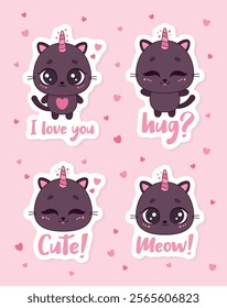 Vector sticker pack with caticorns. Cute unicorn cats with hearts on pink background.