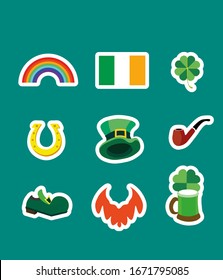 Vector sticker pack elements. Clipart isolated icons with offset path silhouette. Irish Saint Patrick`s Day symbols. Rainbow, flag, clover, horseshoe, pipe, glass of green beer, leprechaun hat, beard,