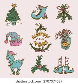 Paquete de pegatinas de Vector con Navidades Elementos aislados hechos en paleta de colores retro de 70 s. 	