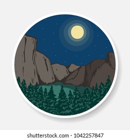 Vector sticker with painted cheekbones and spruce forest in the night sky with the moon.