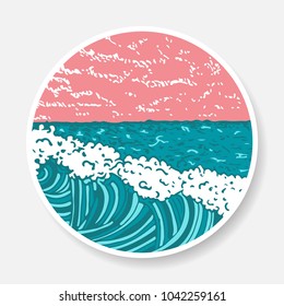 Vector sticker with painted ocean and waves against the backdrop of the setting sun with clouds.