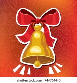 Vector sticker patch badge design illustration of Christmas gold jingle bell with red ribbon decoration. Christmas design element