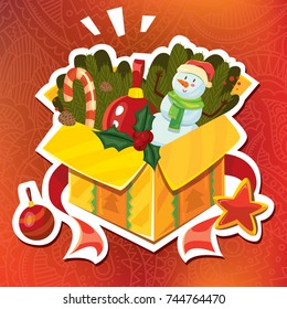 Vector sticker patch badge design illustration of Christmas open gift box with holly berry, star, Christmas ball, snowman, Christmas tree branches and red ribbon decoration.