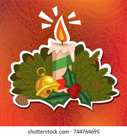 Vector sticker patch badge design illustration of Christmas candle with jingle bell and holly berry decoration. Christmas design element