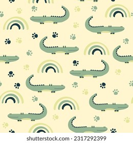Vektoraufkleber-Muster mit Krokodil.Tropische Dschungelkreaturen.Pastellfarben-Hintergrund.Cute natürliche Muster für Gewebe, Kinderbekleidung, Textilien, Wickelpapier.