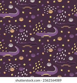 Vector sticker pattern with crocodile.Tropical jungle cartoon creatures.Pastel animals background.Cute natural pattern for fabric, childrens clothing,textiles,wrapping paper.