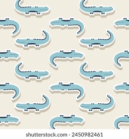 Vektorgrafik Aufkleber Muster mit Krokodil.Tropischen Dschungel Cartoon Kreaturen.Pastelltiere Hintergrund.Nettes natürliches Muster für Stoff, Kinderkleidung, Textilien, Einwickelpapier.