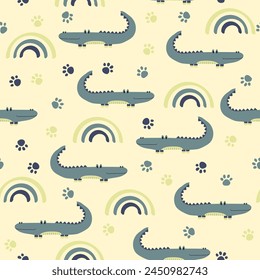 Vector sticker pattern with crocodile.Tropical jungle cartoon creatures.Pastel animals background.Cute natural pattern for fabric, childrens clothing,textiles,wrapping paper.