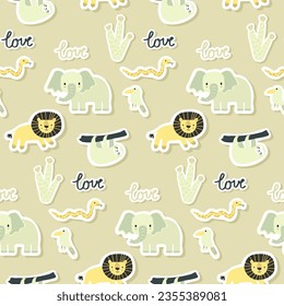 Vector sticker pattern with elephant, lion, sloth, snake.Tropical jungle cartoon creatures.Pastel animals background.Cute natural pattern for fabric, childrens clothing,textiles,wrapping paper.