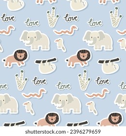 Vector sticker pattern with elephant, lion, sloth, snake.Tropical jungle cartoon creatures.Pastel animals background.Cute natural pattern for fabric, childrens clothing,textiles,wrapping paper.