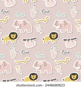Vector sticker pattern with elephant, lion, sloth, snake.Tropical jungle cartoon creatures.Pastel animals background.Cute natural pattern for fabric, childrens clothing,textiles,wrapping paper.