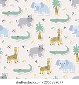 Vector sticker pattern with giraffe, elephant, crocodile, hippopotamus.Tropical jungle cartoon creatures.Pastel animals background.Cute natural pattern for fabric, childrens clothing,wrapping paper.