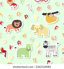Vector sticker pattern with lion, zebra, rhinoceros, elephant, sloth,alphabet.Tropical jungle cartoon creatures.Cute natural pattern for fabric, childrens clothing,textiles,wrapping paper.
