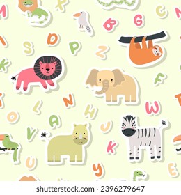 Vector sticker pattern with lion, zebra, rhinoceros, elephant, sloth,alphabet.Tropical jungle cartoon creatures.Cute natural pattern for fabric, childrens clothing,textiles,wrapping paper.