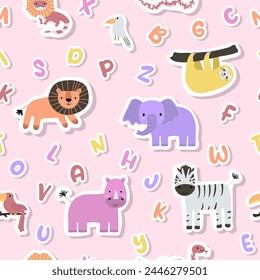 Vector sticker pattern with lion, zebra, rhinoceros, elephant, sloth,alphabet.Tropical jungle cartoon creatures.Cute natural pattern for fabric, childrens clothing,textiles,wrapping paper.
