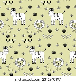 Vector sticker pattern with lion, zebra.Tropical jungle cartoon creatures.Pastel animals background.Cute natural pattern for fabric, childrens clothing,textiles,wrapping paper.