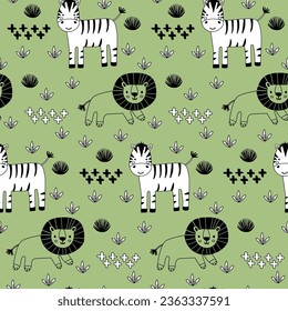 Vector sticker pattern with lion, zebra.Tropical jungle cartoon creatures.Pastel animals background.Cute natural pattern for fabric, childrens clothing,textiles,wrapping paper.