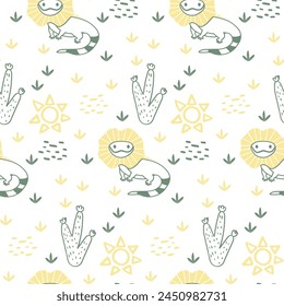 Vector sticker pattern with lizard.Tropical jungle cartoon creatures.Pastel animals background.Cute natural pattern for fabric, childrens clothing,textiles,wrapping paper.