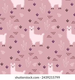 Vector sticker pattern with llama.Tropical jungle cartoon creatures.Pastel animals background.Cute natural pattern for fabric, childrens clothing,textiles,wrapping paper.