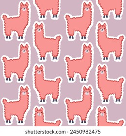 Vector sticker pattern with llama.Tropical jungle cartoon creatures.Pastel animals background.Cute natural pattern for fabric, childrens clothing,textiles,wrapping paper.