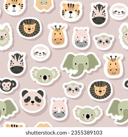 Vector sticker pattern with sloth,tiger,elephant,lion,zebra,giraffe,lizard,rhinoceros,koala,monkey,meerkat,panda,llama.Tropical jungle creatures.Cute pattern for fabric,childrens clothing,wrapping.