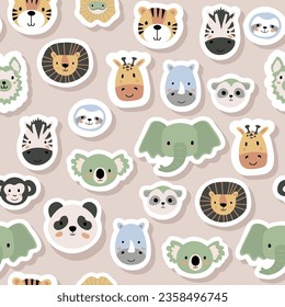 Vector sticker pattern with sloth,tiger,elephant,lion,zebra,giraffe,lizard,rhinoceros,koala,monkey,meerkat,panda,llama.Tropical jungle creatures.Cute pattern for fabric,childrens clothing,wrapping.