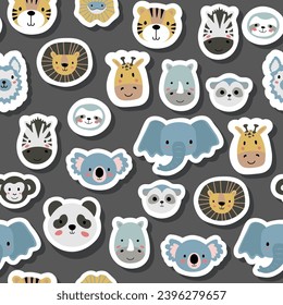 Vector sticker pattern with sloth,tiger,elephant,lion,zebra,giraffe,lizard,rhinoceros,koala,monkey,meerkat,panda,llama.Tropical jungle creatures.Cute pattern for fabric,childrens clothing,wrapping.