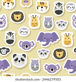 Vector sticker pattern with sloth,tiger,elephant,lion,zebra,giraffe,lizard,rhinoceros,koala,monkey,meerkat,panda,llama.Tropical jungle creatures.Cute pattern for fabric,childrens clothing,wrapping.