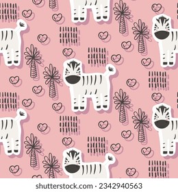 Vector sticker pattern with zebra.Tropical jungle cartoon creatures.Pastel animals background.Cute natural pattern for fabric, childrens clothing,textiles,wrapping paper.