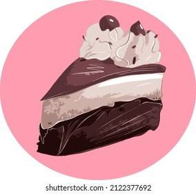 Vector sticker with a piece of cake in brown and beige colors on white background